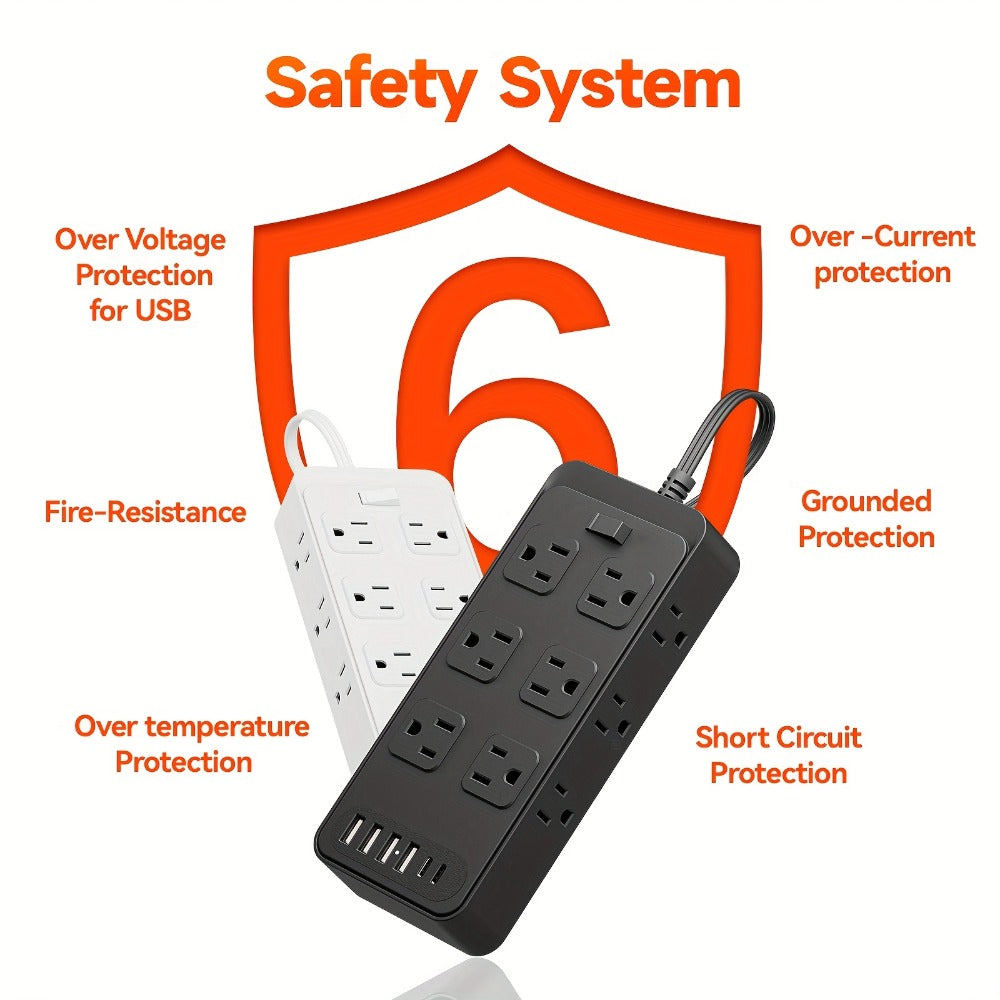 Power Strip 18-in-1 with 12 AC Outlets, 6 USB Ports, Master Switch and 5- or 10-Foot Cord Options