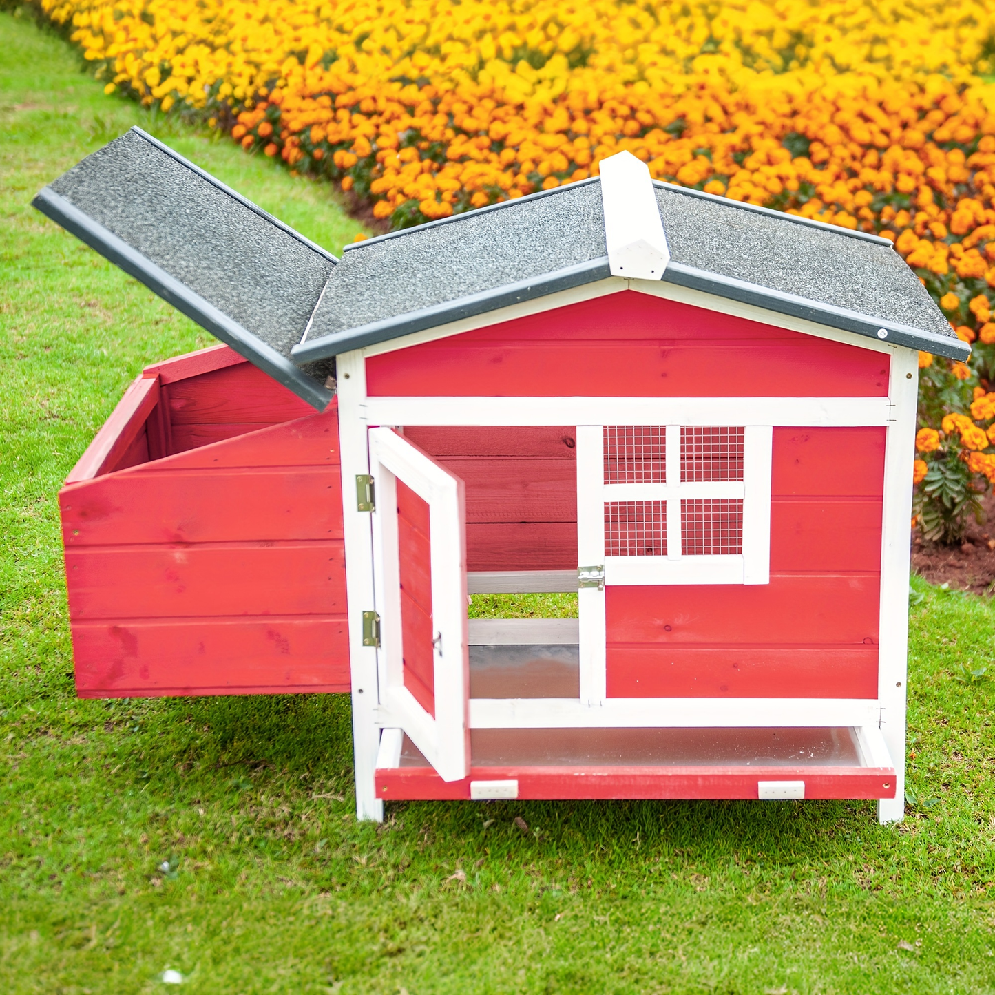 Hen House Outdoor Wooden Chicken Coop with Nesting Box Ramp Removable Tray Elevated Design Fir Wood Asphalt Roof 3 Colors Lockable Doors for Backyard Poultry