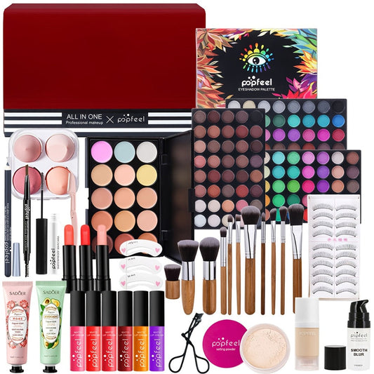POPFEEL Makeup Kit Full Face Set — Multi-Shade Eyeshadow Palette, Professional Brushes & Pigmented Lip Color, All-in-One Beauty Bundle for Everyday Glam, Special Occasions & Gifting