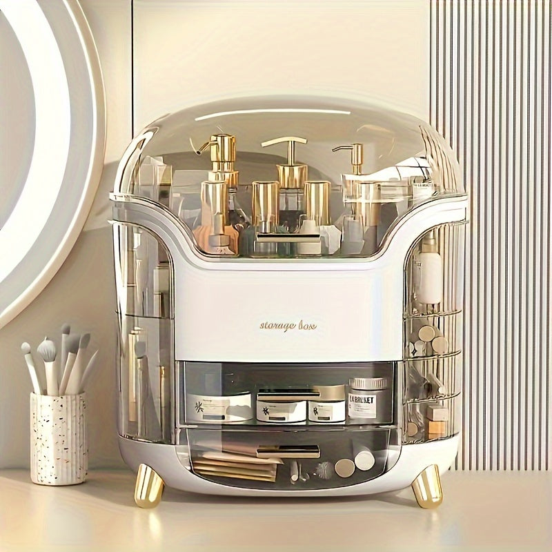 Covered Countertop Makeup Organizer with Transparent Display Top and Pull-Out Drawer in White or Green
