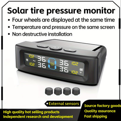 TPMS Tire Pressure Monitoring System – Wireless Solar & USB Powered, External Sensors, Universal Fit for 36V & Below Vehicles, Model T12