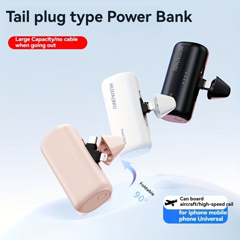 Power Bank 5000mAh Mini with Built-In 2-in-1 Lightning/USB-C Plug and 18.5W Listed Output in Black or Pink