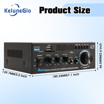 AK45 Two-Channel Bluetooth Home Audio Amplifier with FM, Karaoke Inputs, USB, MMC and SD Card Playback Options