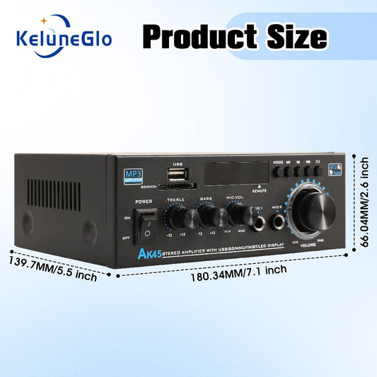 400W Bluetooth 5.0 Stereo Amplifier Receiver AK45, 2-Channel Home Audio Power Amp with Karaoke, FM Radio, USB MMC SD Card, Supports Passive Ceiling Speakers Garage Home Theater Speaker System