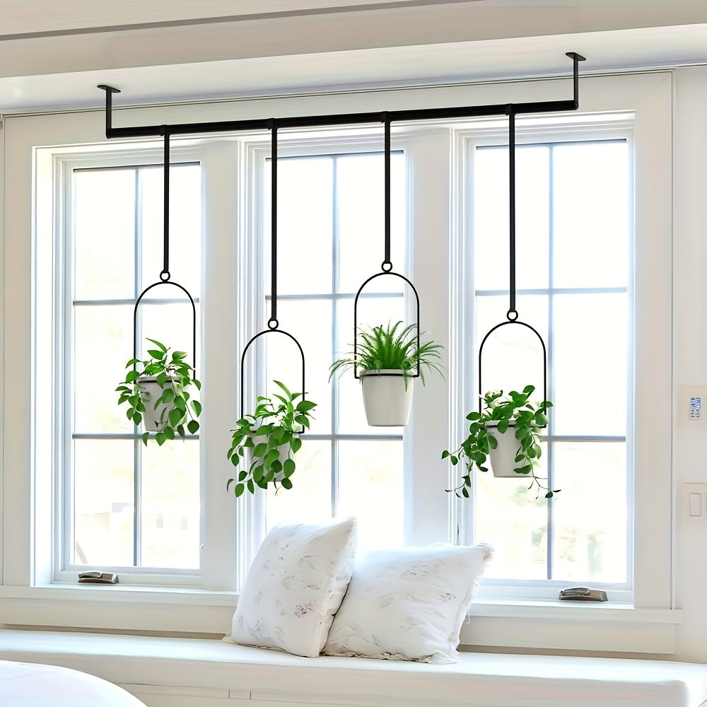 Adjustable Black Metal Hanging Plant Rack with Four Pot Holders for Wall or Window Display