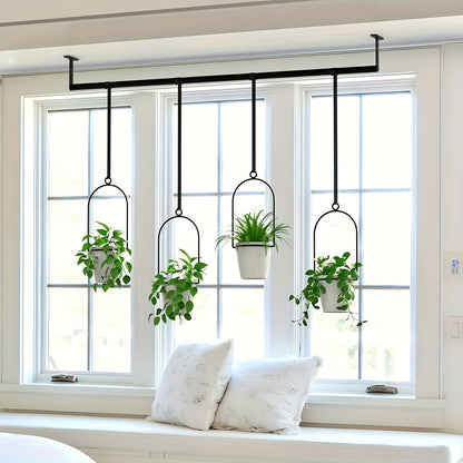 Adjustable Black Metal Hanging Plant Rack with Four Pot Holders for Wall or Window Display