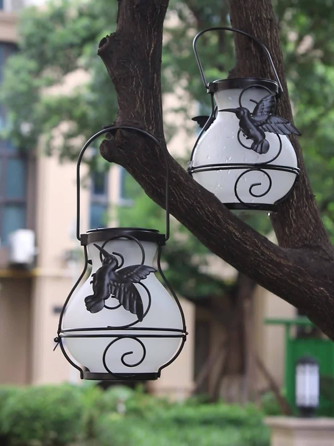 Solar Outdoor Lights Hummingbird Flickering Flame Hanging Lanterns, IP44, 2- or 4-Pack for Yard Decor