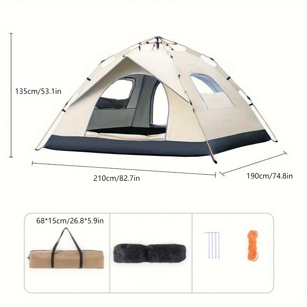 Camping Tent 4-Person Polyamide Pop-Up with Two Doors, Optional Windows and Small or Large Sizes