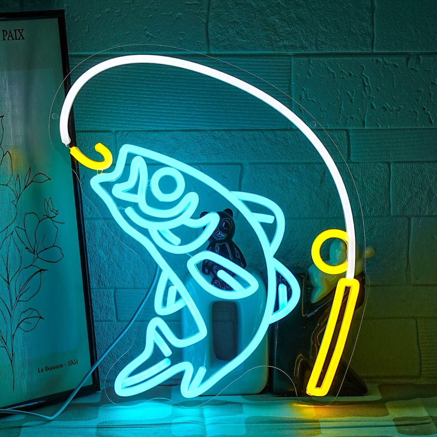 Fishing Neon Sign LED Wall Decor – Dimmable Multicolor Go Fishing Hook Neon Light for Man Cave, Bedroom, Tackle Shop, Bar & Game Room, Fly Fishing Gift & Unique Wall Art