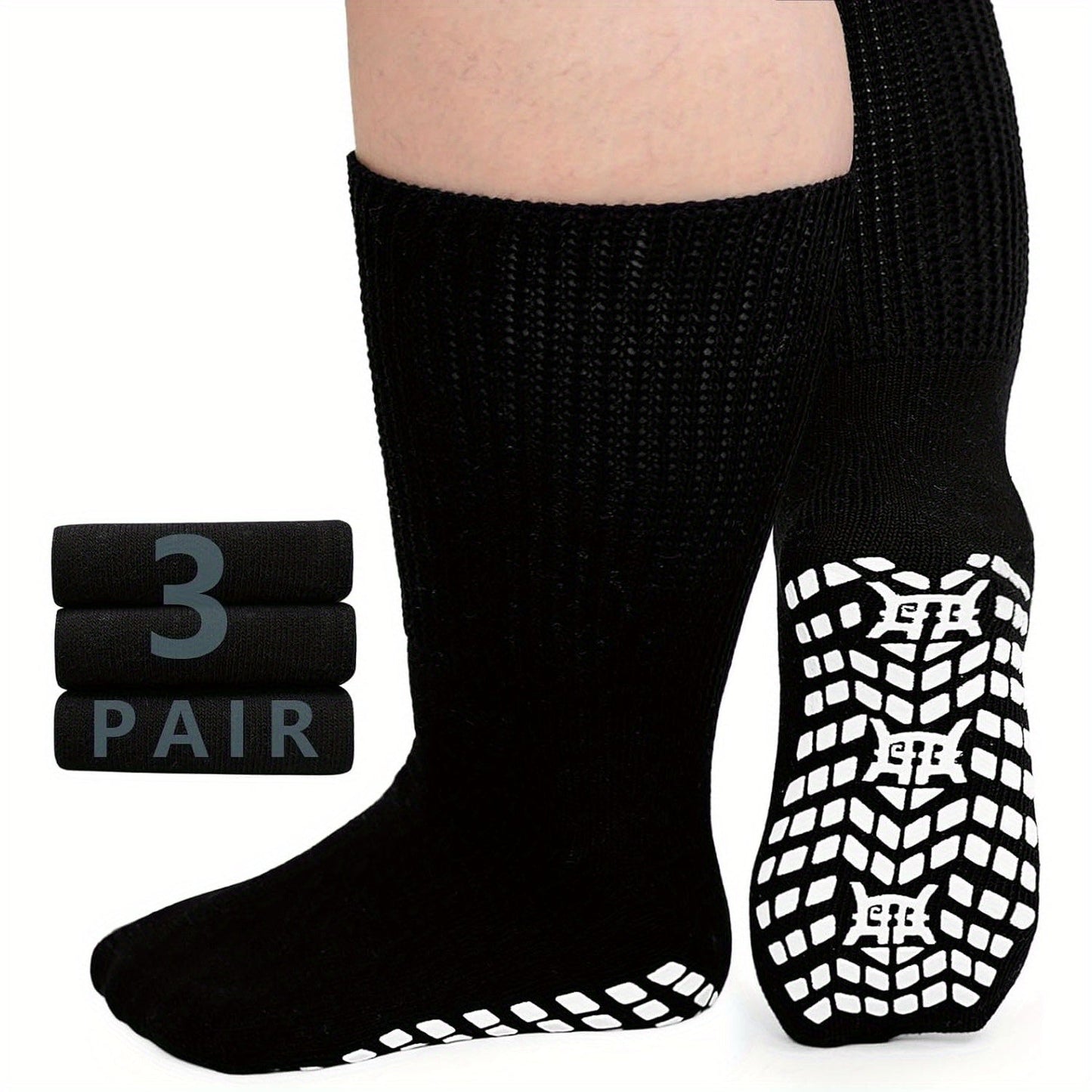 3-Pair Grippy-Sole Wide Sock Set for Adults in Black, White or Grey with 9-13 and 13-15 Size Options