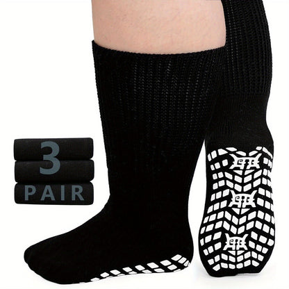 3-Pair Grippy-Sole Wide Sock Set for Adults in Black, White or Grey with 9-13 and 13-15 Size Options