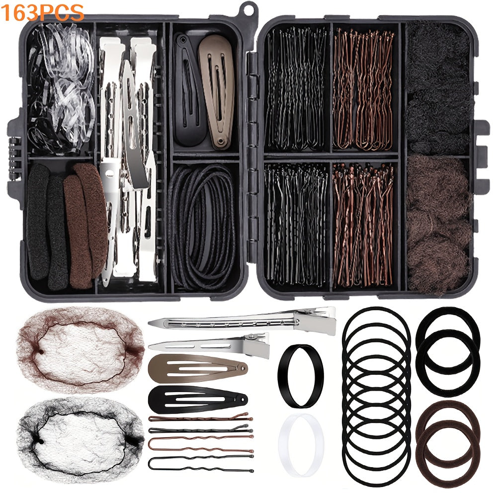 163pcs Hair Ties & Clips Set Dance Styling Kit with Hair Nets Bobby Pins Snap Clips Complete Hair Accessories for Girls Dance Competition Recital Performance