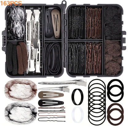 163pcs Hair Ties & Clips Set Dance Styling Kit with Hair Nets Bobby Pins Snap Clips Complete Hair Accessories for Girls Dance Competition Recital Performance