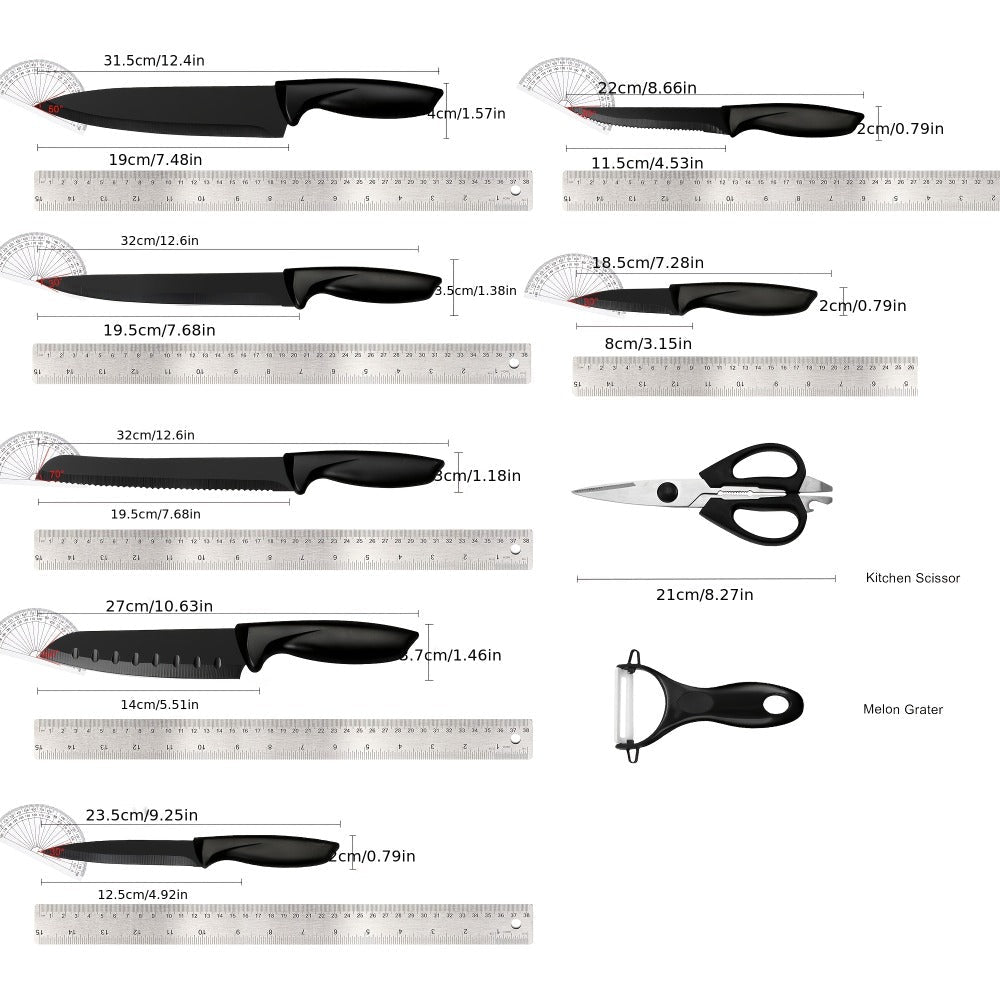 Kitchen Knife Set 15-Piece Hammered Stainless Steel with Steak Knives and Self-Sharpening Wood Block