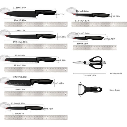 Kitchen Knife Set 15-Piece Hammered Stainless Steel with Steak Knives and Self-Sharpening Wood Block