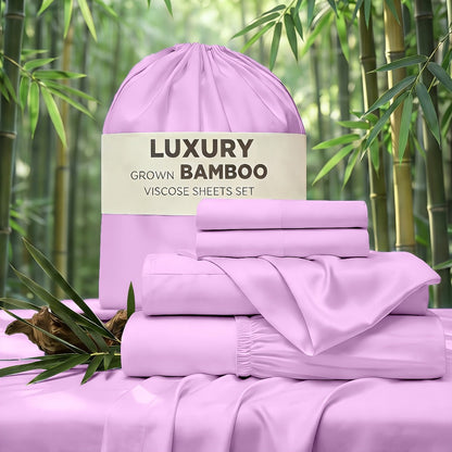 Bed Sheet Set 4-Piece Bamboo-Derived Rayon with Deep-Pocket Fitted Sheet in Twin, Full, Queen and King Sizes