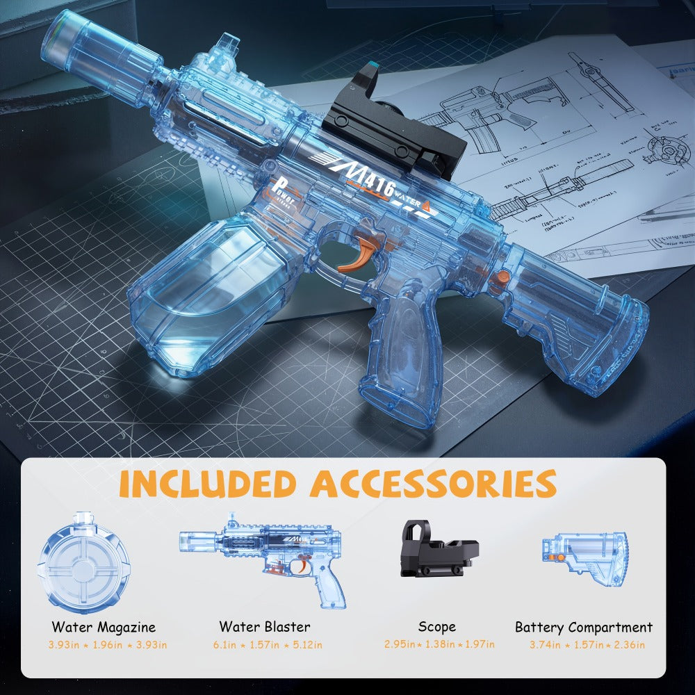 Electric Water Blaster with Detachable Round Reservoir, Sight Accessory and Black or Blue Body
