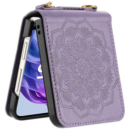 Floral Crossbody Motorola Razr 2024 / Razr+ Plus 2024 Case Flower Embossed PU Leather Lanyard Strap – Boho Henna Mandala Hybrid Protective Cover for Women Gift