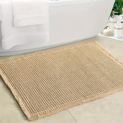Tasseled Knit Bath Mat with Rectangular Profile, Fringed Edges and 18 x 30 or 24 x 36-Inch Size Options