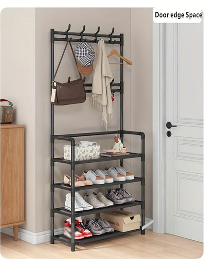 Shoe Rack Floor-Standing Organizer with 8 Double Hooks and 3-Layer or 5-Layer Black Options