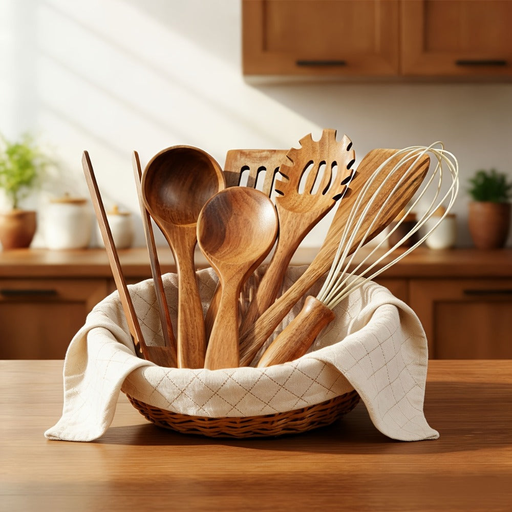Wooden Kitchen Utensils Set 3/5/7Pcs – Natural Wood Spoons, Spurtle, Ladle & Wok Spatulas for Non-Stick Pans | Heat Resistant, Ergonomic Handle, Easy to Clean