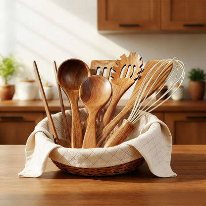 Wooden Kitchen Utensils Set 3/5/7Pcs – Natural Wood Spoons, Spurtle, Ladle & Wok Spatulas for Non-Stick Pans | Heat Resistant, Ergonomic Handle, Easy to Clean