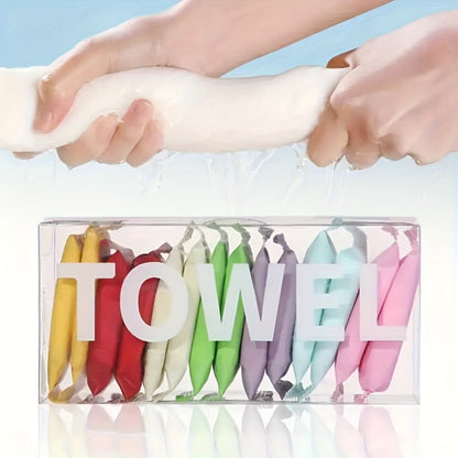 36-Piece Compressed Disposable Face Towel Set with Individually Wrapped Mixed Colors for Dry or Wet Travel Use