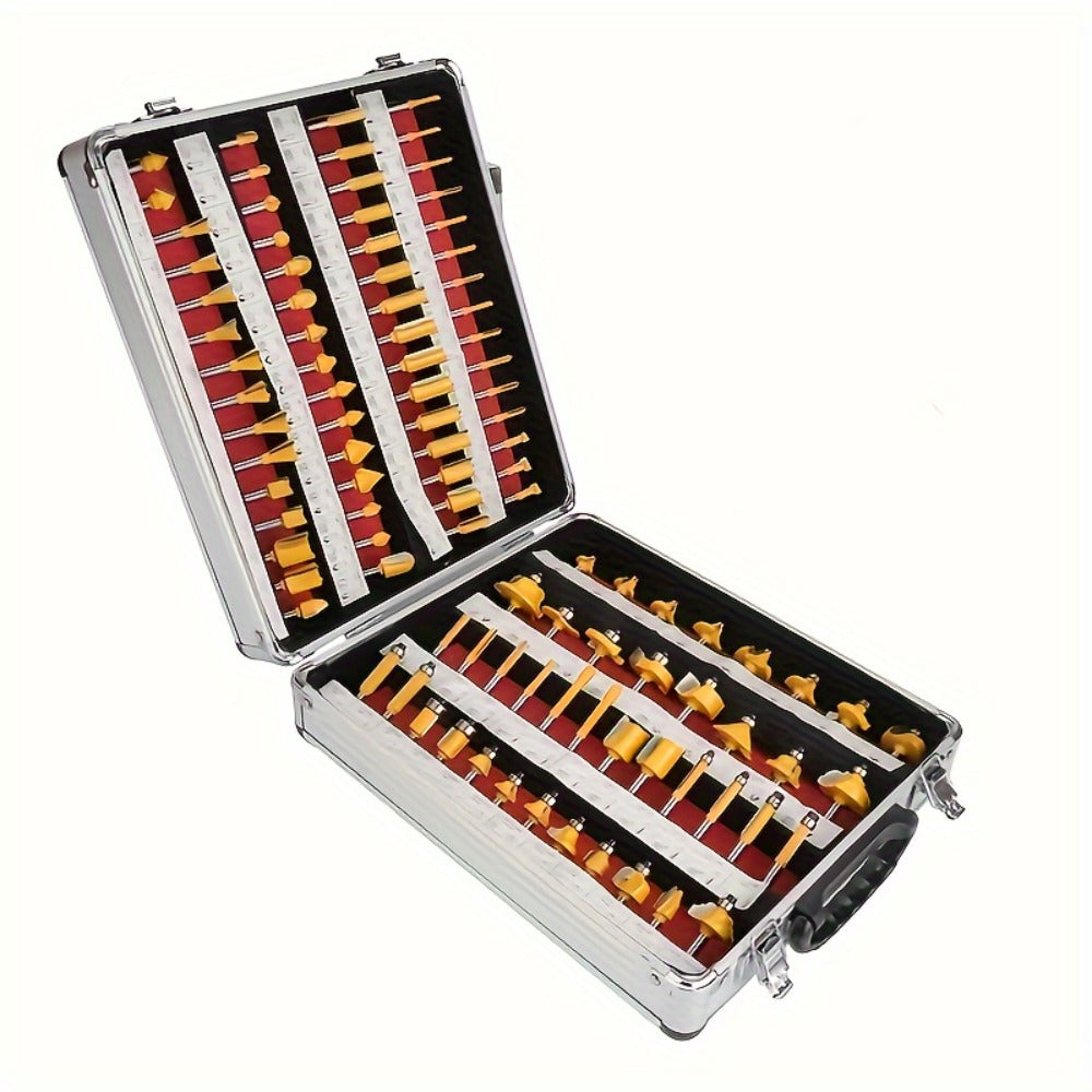 Carbide Router Bit Set with 1/4-Inch Shanks in 15- or 100-Piece Woodworking Case Configurations