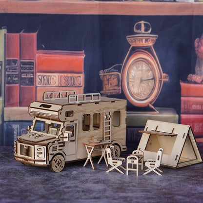 Wooden RV 3D Puzzle Model Kit with Motorhome Body, Fold-Out Side Panels and Miniature Camping Furniture