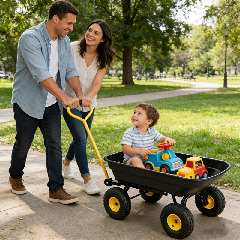 Garden Dump Cart 4-Wheel Heavy Duty Steel Frame Rust-Resistant Poly Bed Quick-Release Dump Feature Foldable D-Handle All-Terrain Yard Wagon for Landscaping Lawn