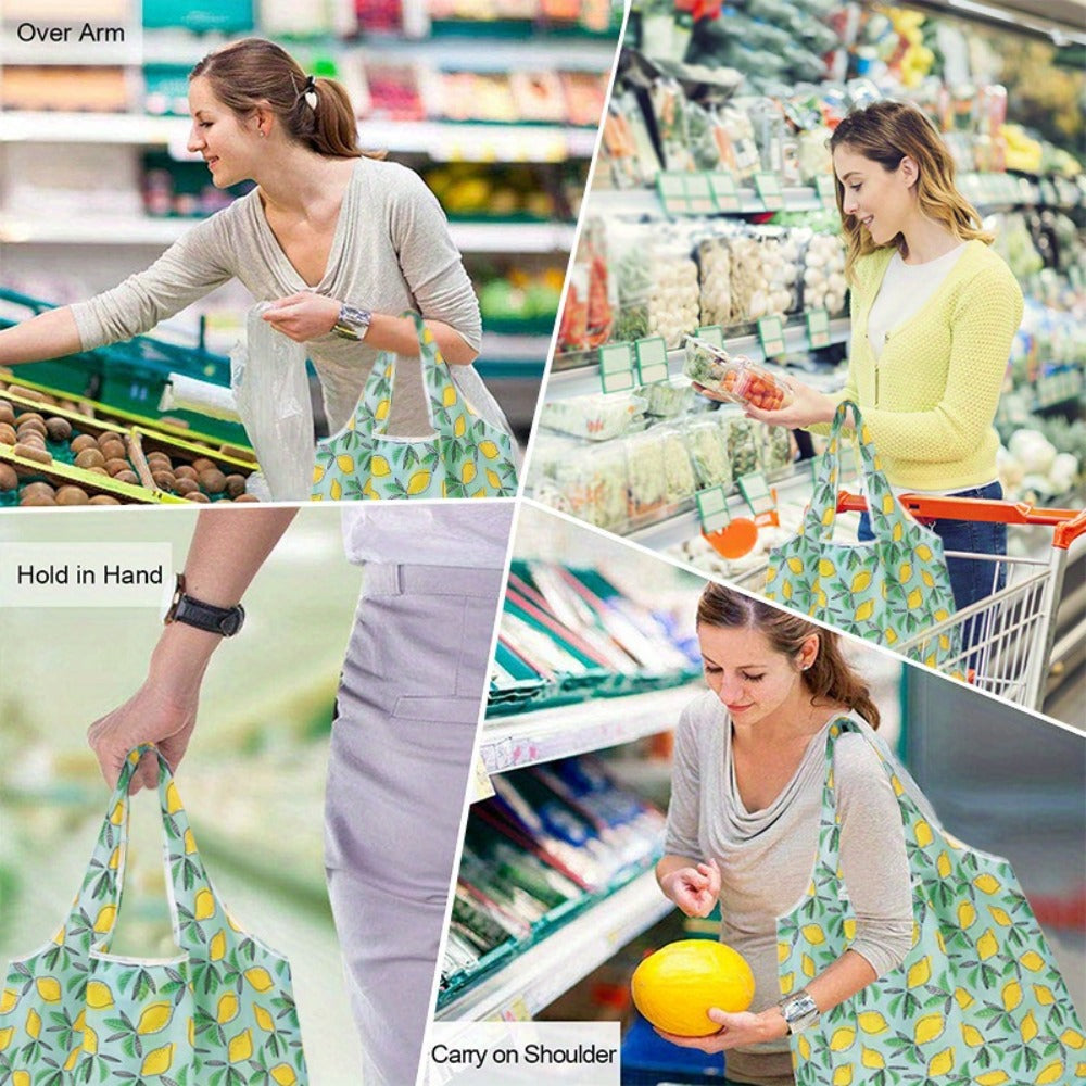 Reusable Foldable Shopping Tote Bag Set with Eight Assorted Printed Designs and Matching Zipper Pouches