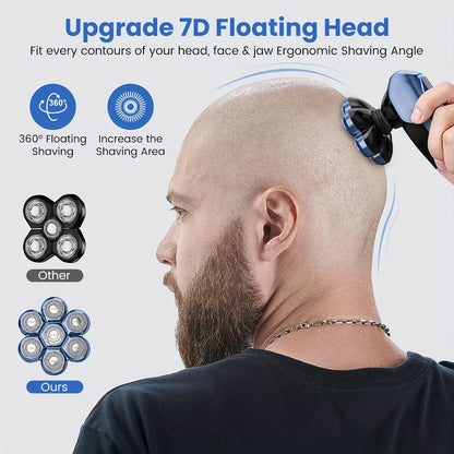Electric Head Shaver for Bald Men 7D 7 Floating Heads — All-in-One Grooming Kit with Nose Hair Trimmer & Facial Cleaning Brush, 1.5H Fast Charging, Travel Lock, Rechargeable Men's Razor Gift Set (Blue/Black/Gold/Coffee)
