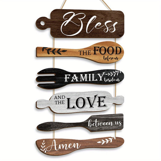 Farmhouse Wall Decor Wood Sign Set - "Bless The Food Before Us" Rustic Kitchen Dining Room Hanging Plaque, 6-Piece Rope Wood Board Art, Housewarming Thanksgiving Gift for Home