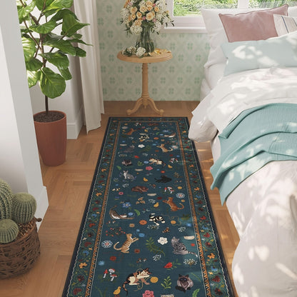 Area Rug, Vintage Blue Cat and Floral Low-Pile Carpet in Rectangle, Runner and Round Size Options