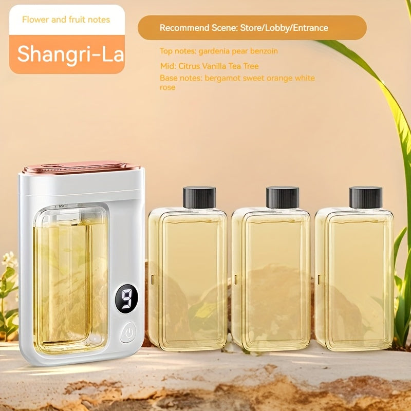 Essential Oil Aromatherapy Diffuser Set – Mini Humidifier with 7 Spray Levels, 1/4/8 Hour Timer, 5.07oz Capacity, Room Decor Scent Diffuser with Hilton, Gardenia, Ocean & Shangri-La Oils