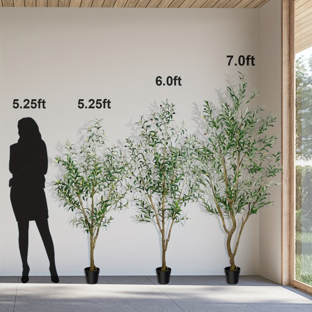 Multi-Branched Artificial Olive Tree with 5.25, 6 or 7 ft Height Options, Decorative Fruit and Black Nursery Pot