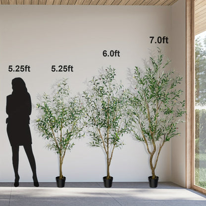 Multi-Branched Artificial Olive Tree with 5.25, 6 or 7 ft Height Options, Decorative Fruit and Black Nursery Pot