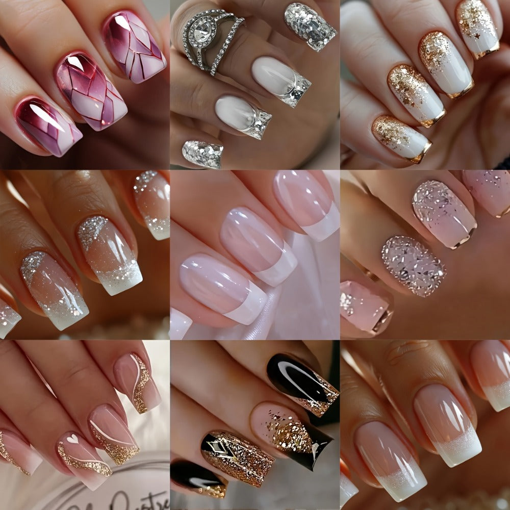 Press On Nails 216-Piece Soft Gel Short Square Set with French, Gradient, Glitter and Heart Designs
