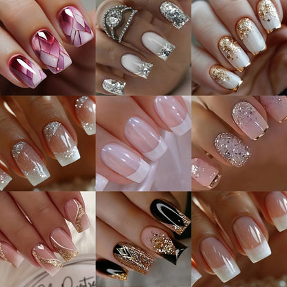 Press On Nails 216-Piece Soft Gel Short Square Set with French, Gradient, Glitter and Heart Designs
