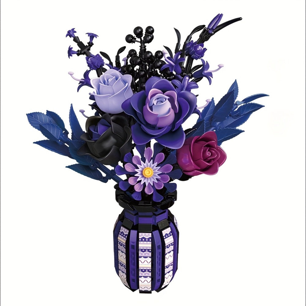 1218-Piece Gothic Flower Bouquet Building Block Model with Mixed-Color Blooms and Brick-Built Vase