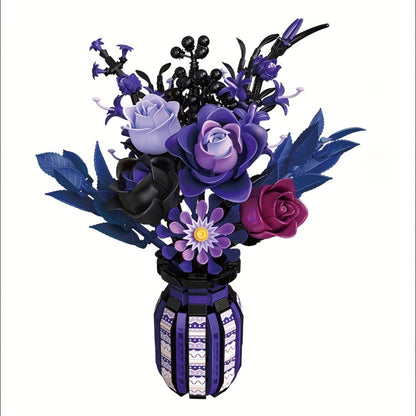 1218-Piece Gothic Flower Bouquet Building Block Model with Mixed-Color Blooms and Brick-Built Vase