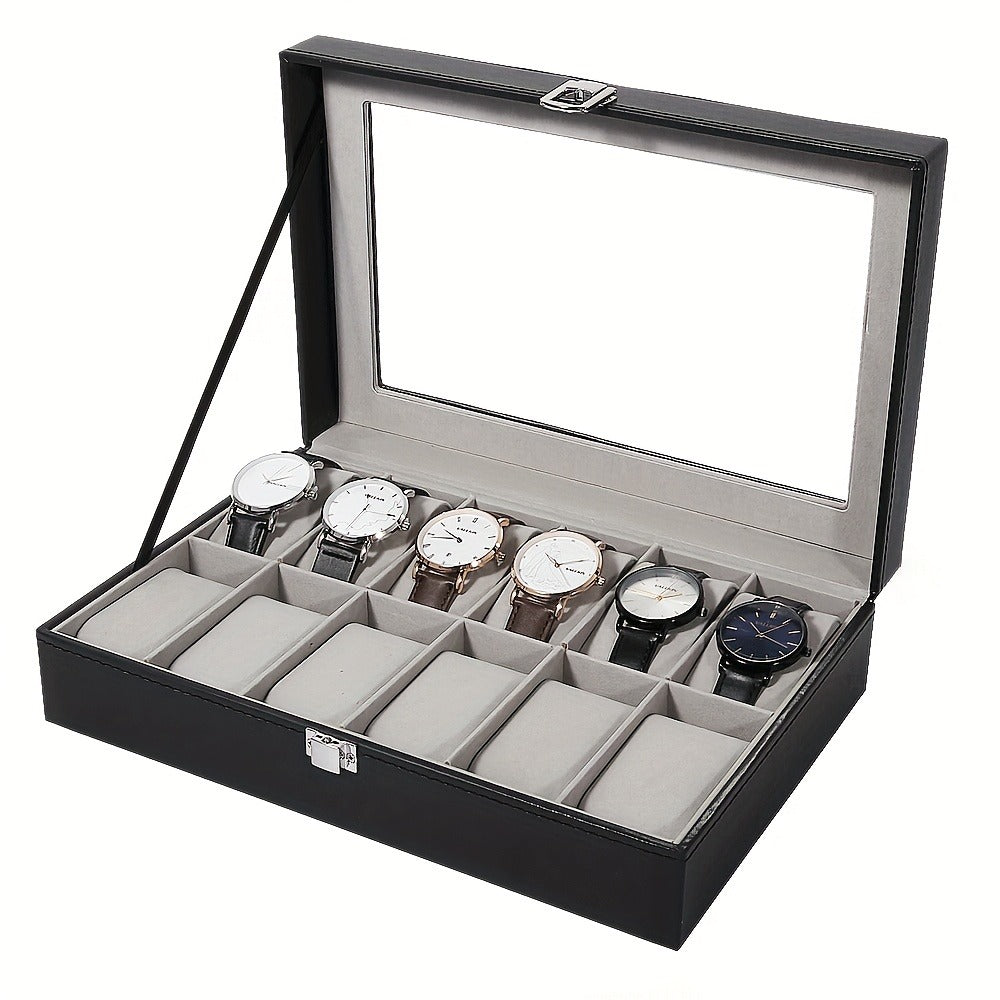Black and Gray 12-Slot Watch Box with Glass Display Lid, Removable Pillows and Metal Clasp