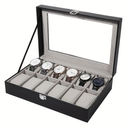 Black and Gray 12-Slot Watch Box with Glass Display Lid, Removable Pillows and Metal Clasp