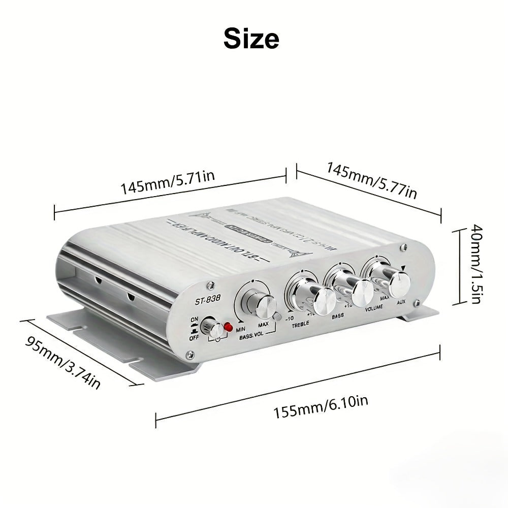 400 Watt 2.1 Channel Car Audio Stereo Amplifier, 12V Class A/B HIFI Power Amp with RCA & AUX Input, Subwoofer Output, Cast Iron Build, 20Wx2+40W RMS, 4-8Ω Speaker Compatible, Model ST-838