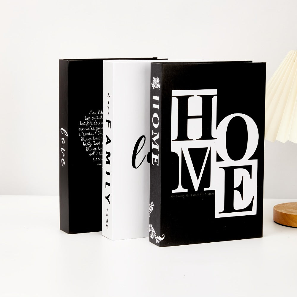 Three-Piece Black Decorative Faux Book Set with HOME, FAMILY and LOVE Lettering for Shelf or Coffee Table Display