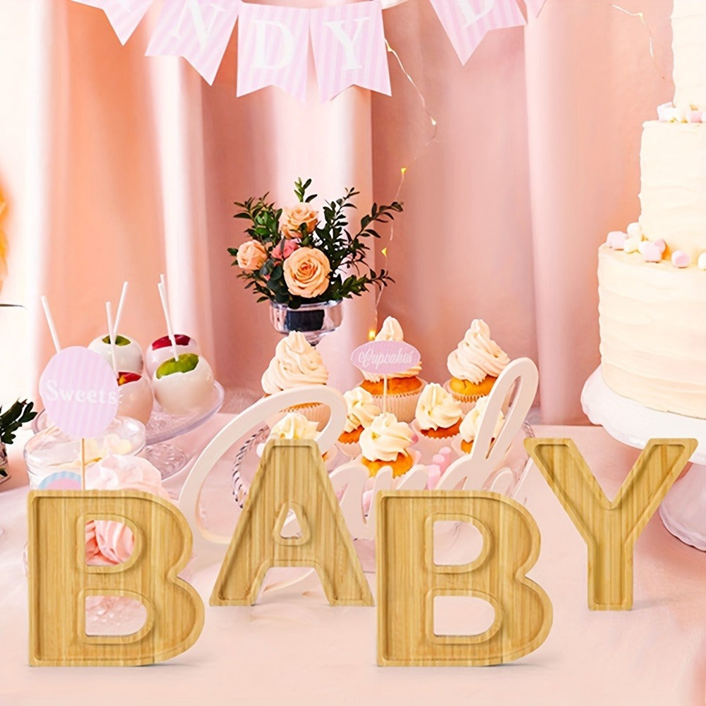 Four-Piece BABY Letter-Shaped Wooden Serving Board Set for Baby Showers and Gender Reveal Parties