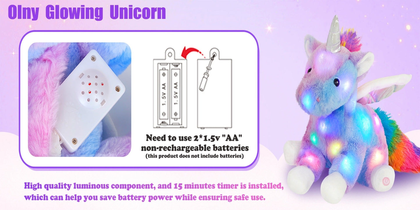 Plush Toy Rainbow Unicorn with LED Glow and Choice of Music or No-Music Light-Up choices for Bedtime