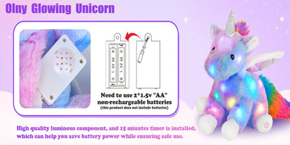 Plush Toy Rainbow Unicorn with LED Glow and Choice of Music or No-Music Light-Up choices for Bedtime