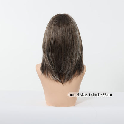 Synthetic Wig 14-Inch Layered Brown Highlight Ombre with Bangs and Heat-Resistant Rose Net Cap