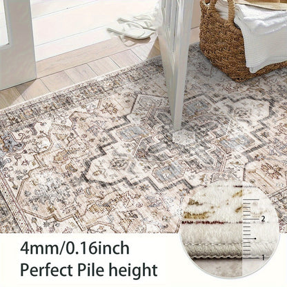 Area Rug Bohemian Retro Design in Beige or Grey with Six Foldable Machine-Washable Room Sizes